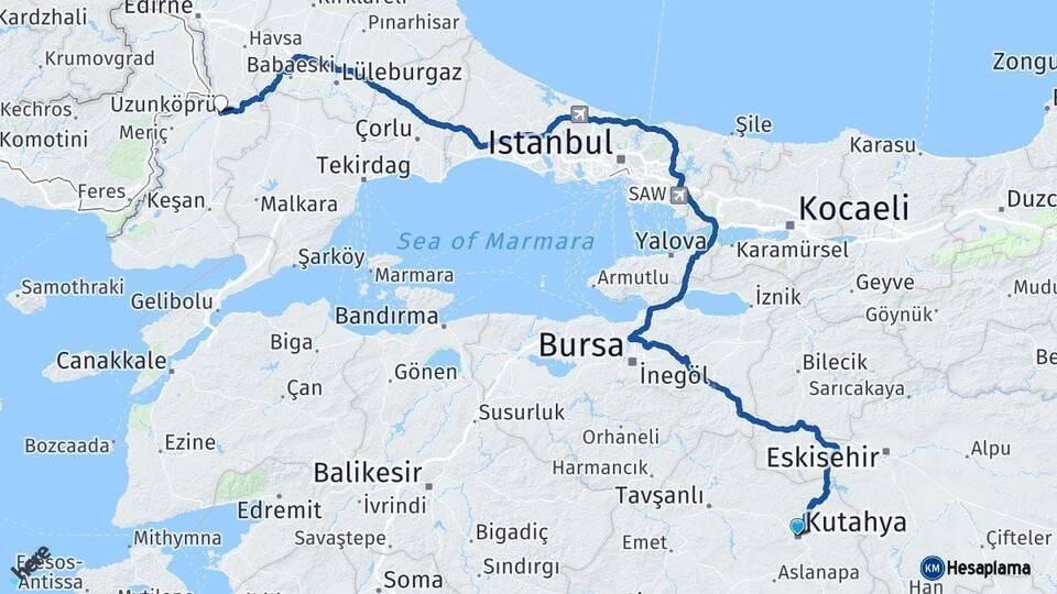 Kütahya Uzunköprü Edirne Arası Kaç Km - Yol Haritası
