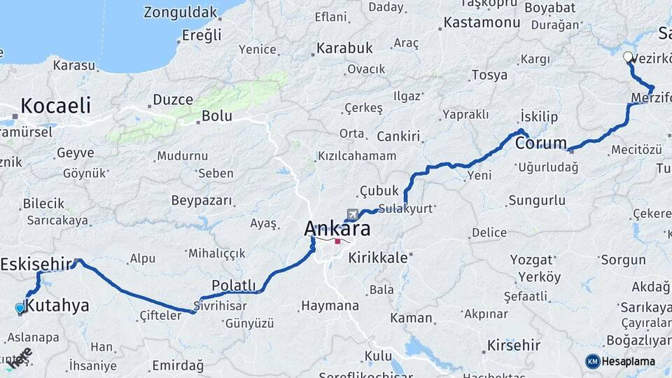 Kütahya Vezirköprü Samsun Arası Kaç Km - Yol Haritası