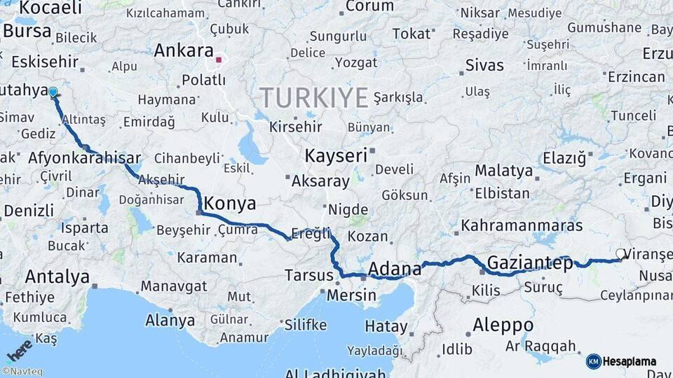 Kütahya Viranşehir Şanlıurfa Arası Kaç Km - Yol Haritası