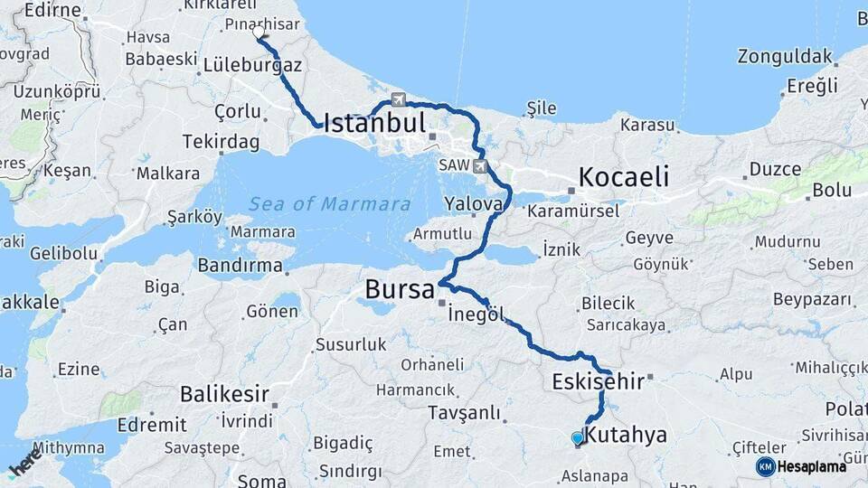 Kütahya Vize Kırklareli Arası Kaç Km - Yol Haritası