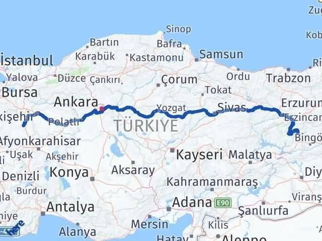 Kütahya Yayladere Bingöl Arası Kaç Km - Yol Haritası