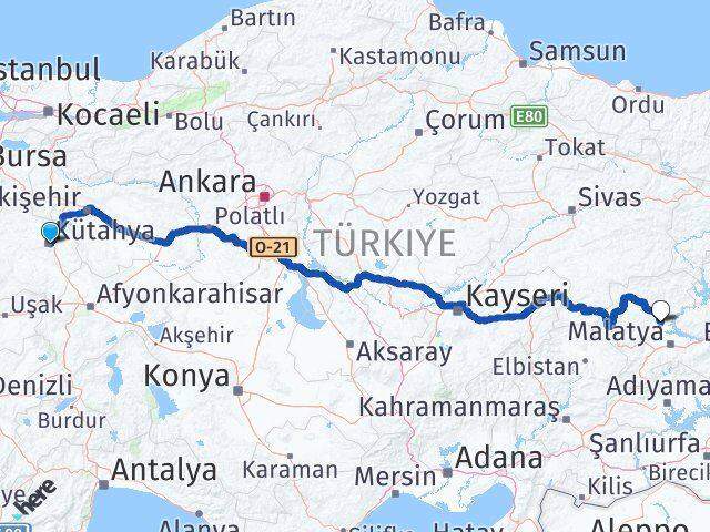 Kütahya Yazıhan Malatya Arası Kaç Km - Yol Haritası