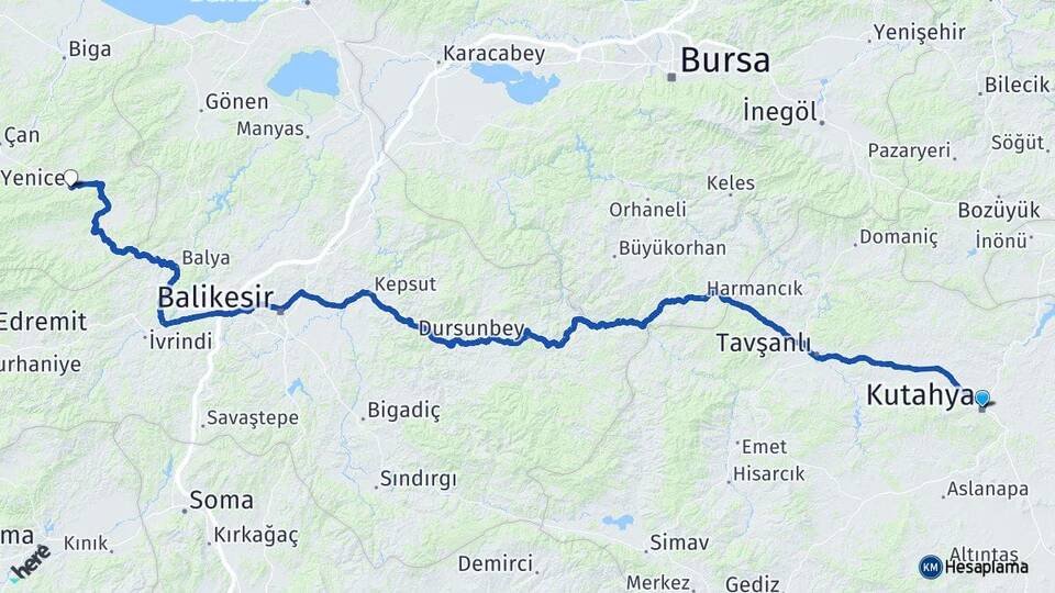 Kütahya Yenice Çanakkale Arası Kaç Km - Yol Haritası