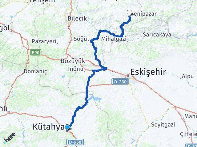 Kütahya Yenipazar Bilecik Arası Kaç Km - Yol Haritası