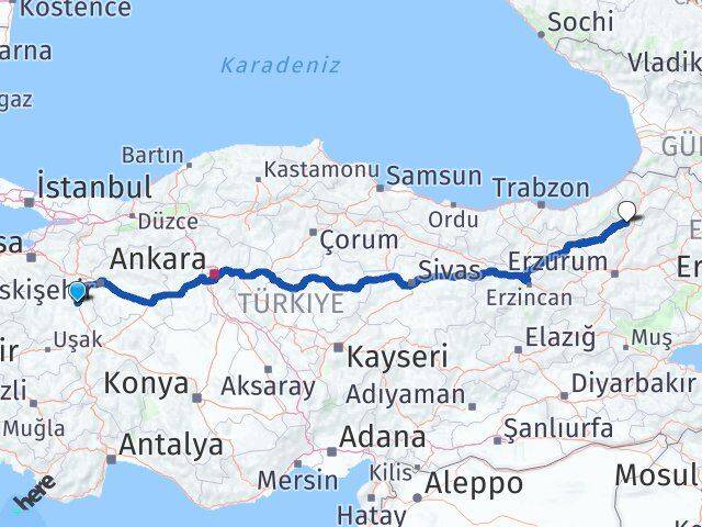 Kütahya Yusufeli Artvin Arası Kaç Km - Yol Haritası