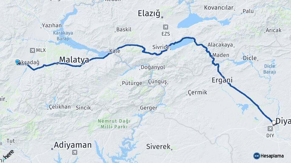 Malatya Akçadağ Diyarbakır Arası Kaç Km - Yol Haritası
