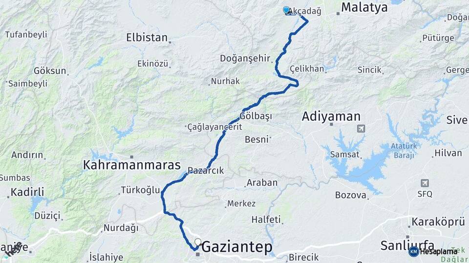 Malatya Akçadağ Gaziantep Arası Kaç Km - Yol Haritası