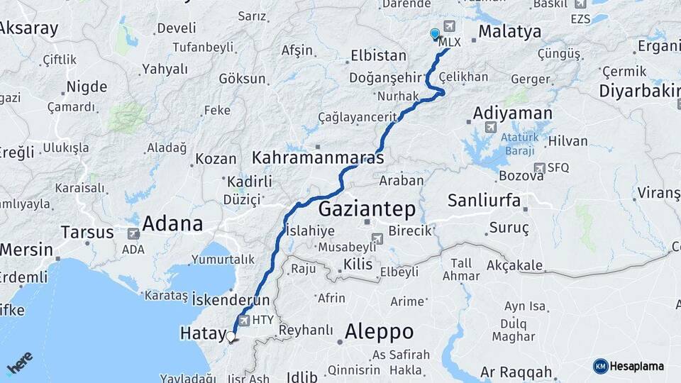 Malatya Akçadağ Hatay Arası Kaç Km - Yol Haritası