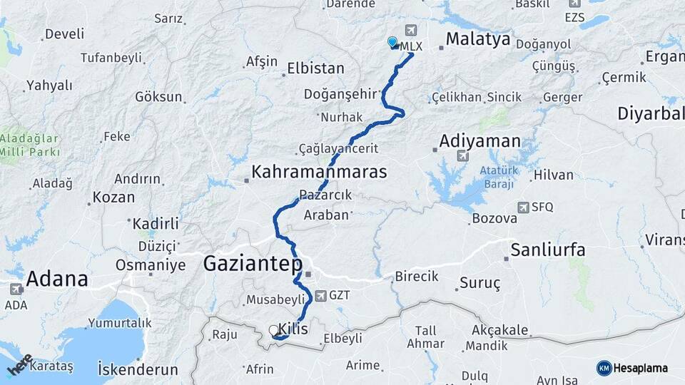 Malatya Akçadağ Kilis Arası Kaç Km - Yol Haritası