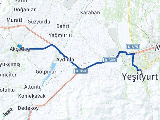 Malatya Akçadağ Yeşilyurt Arası Kaç Km - Yol Haritası