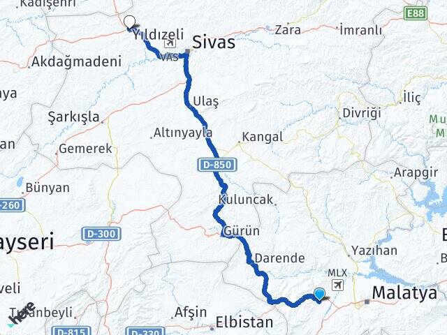 Malatya Akçadağ Yıldızeli Sivas Arası Kaç Km - Yol Haritası