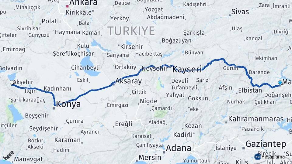 Malatya Akşehir Konya Arası Kaç Km - Yol Haritası