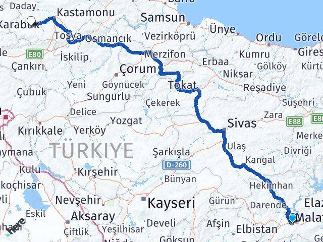 Malatya Araç Kastamonu Arası Kaç Km - Yol Haritası
