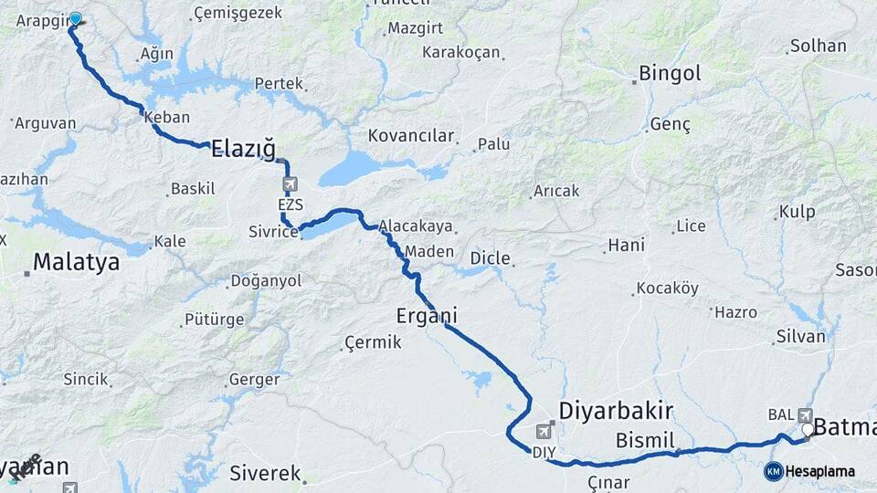 Malatya Arapgir Batman Arası Kaç Km - Yol Haritası