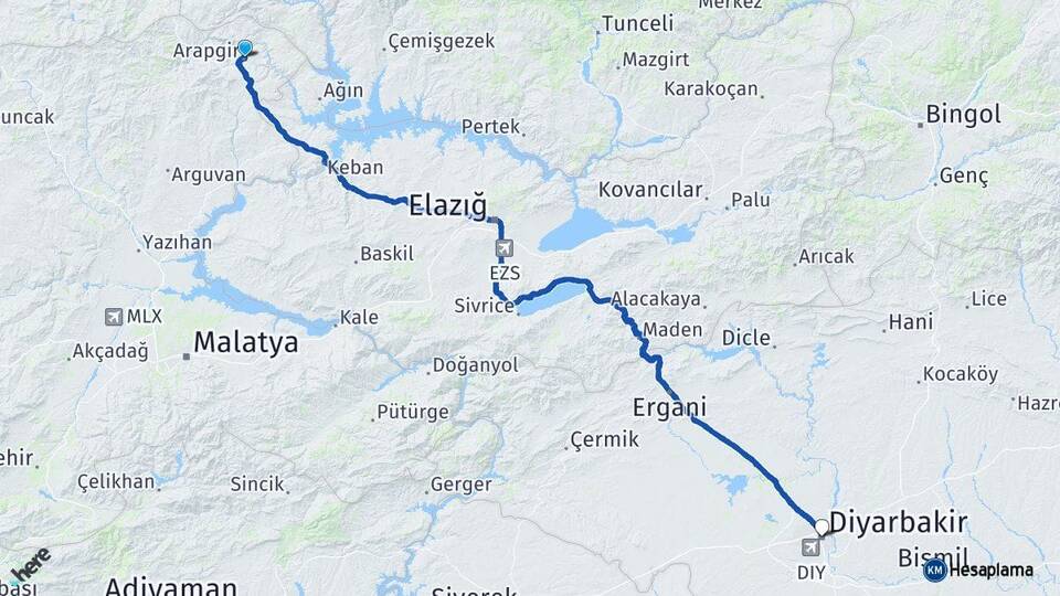 Malatya Arapgir Diyarbakır Arası Kaç Km - Yol Haritası