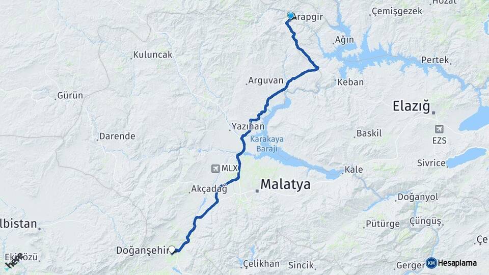 Malatya Arapgir Doğanşehir Arası Kaç Km - Yol Haritası