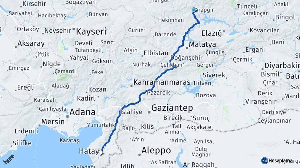Malatya Arapgir Hatay Arası Kaç Km - Yol Haritası
