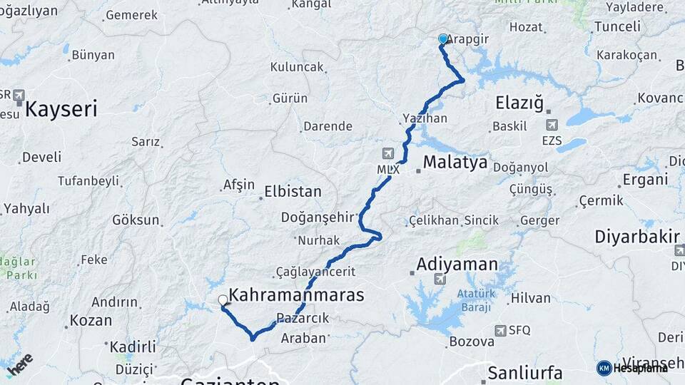 Malatya Arapgir Kahramanmaraş Arası Kaç Km - Yol Haritası