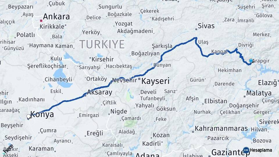 Malatya Arapgir Konya Arası Kaç Km - Yol Haritası