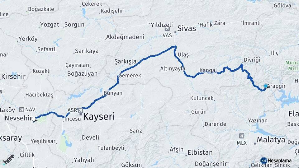 Malatya Arapgir Nevşehir Arası Kaç Km - Yol Haritası