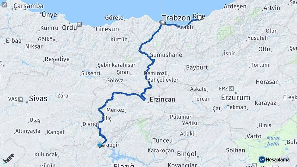 Malatya Arapgir Rize Arası Kaç Km - Yol Haritası
