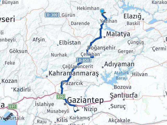 Malatya Arguvan Acer Oğuzeli Gaziantep Arası Kaç Km - Yol Haritası