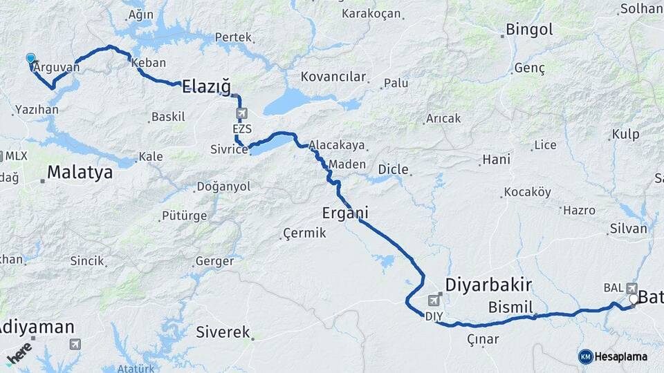 Malatya Arguvan Batman Arası Kaç Km - Yol Haritası