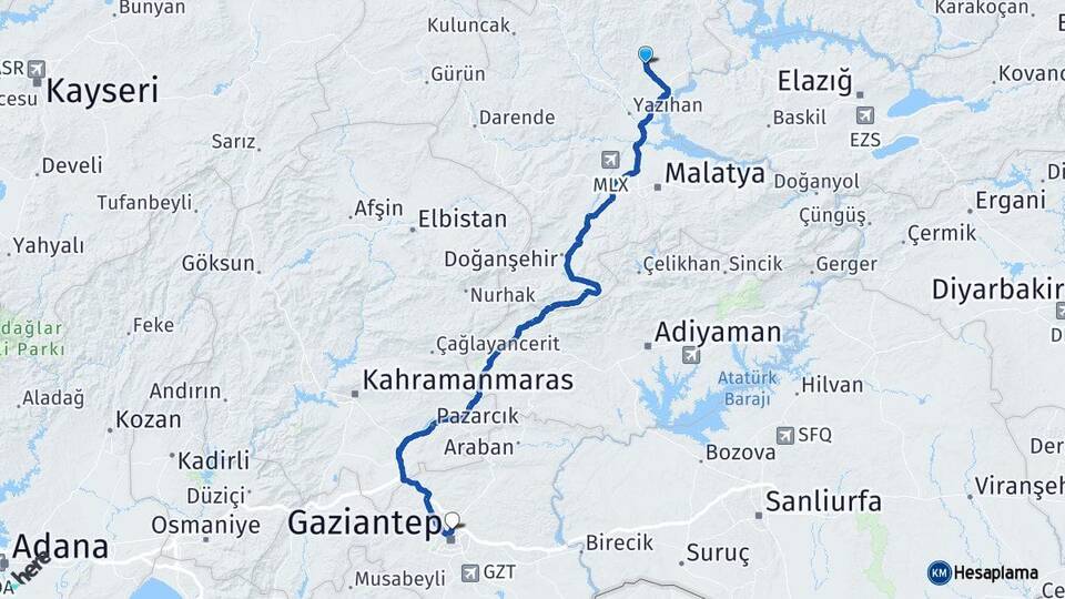 Malatya Arguvan Gaziantep Arası Kaç Km - Yol Haritası