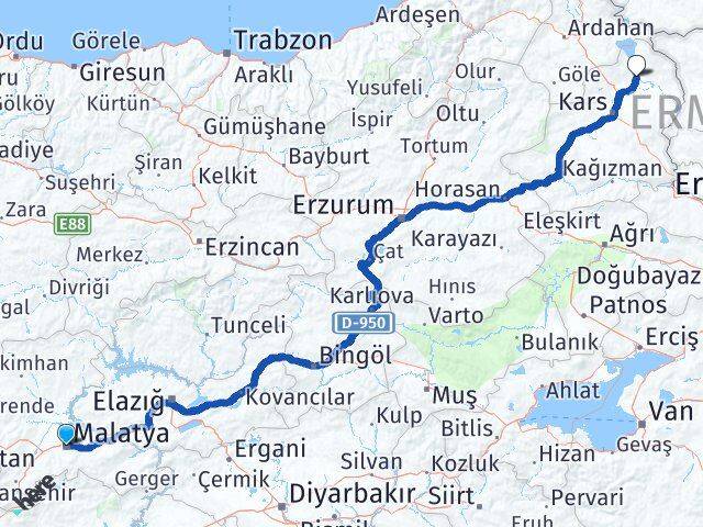 Malatya Arpaçay Kars Arası Kaç Km - Yol Haritası