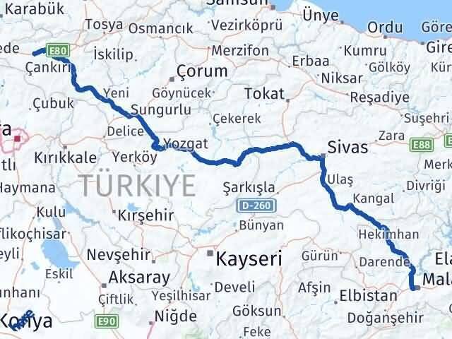 Malatya Atkaracalar Çankırı Arası Kaç Km - Yol Haritası