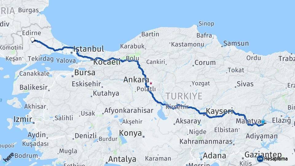 Malatya Babaeski Kırklareli Arası Kaç Km - Yol Haritası