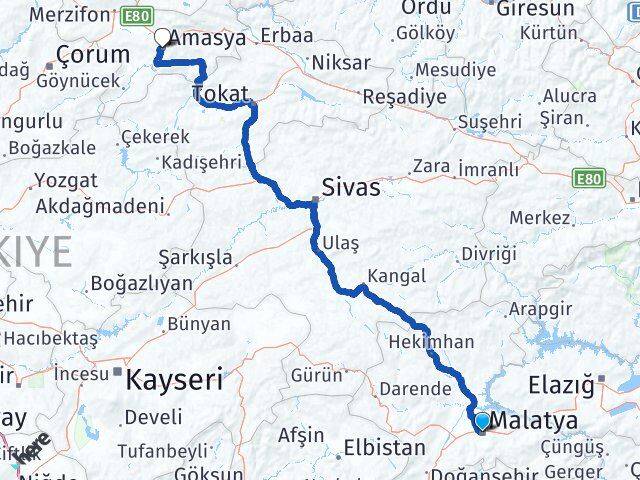Malatya Battalgazi Amasya Arası Kaç Km - Yol Haritası