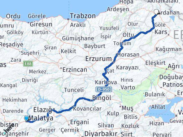Malatya Battalgazi Ardahan Arası Kaç Km - Yol Haritası