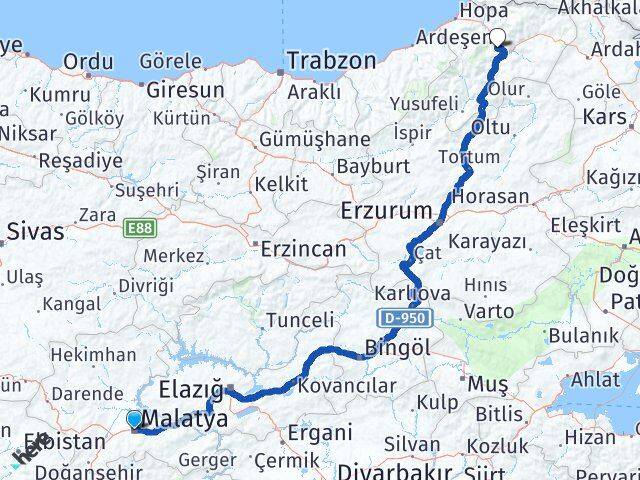 Malatya Battalgazi Artvin Arası Kaç Km - Yol Haritası
