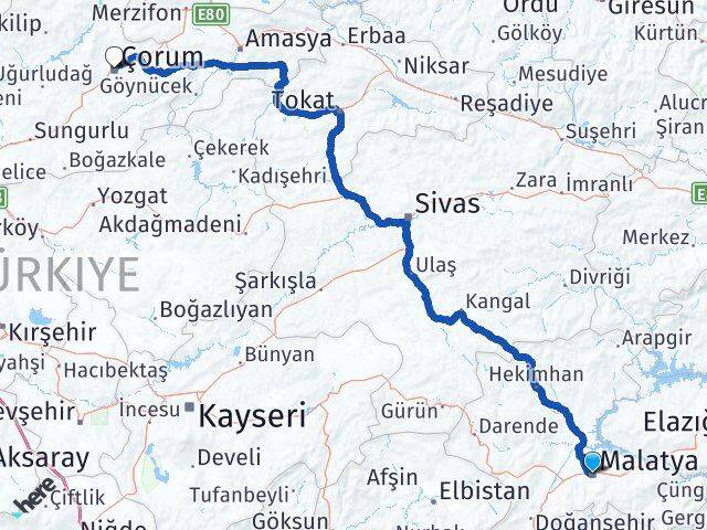 Malatya Battalgazi Çorum Arası Kaç Km - Yol Haritası
