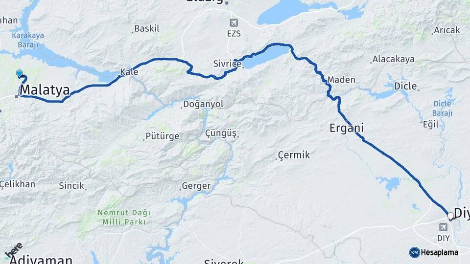 Malatya Battalgazi Diyarbakır Arası Kaç Km - Yol Haritası