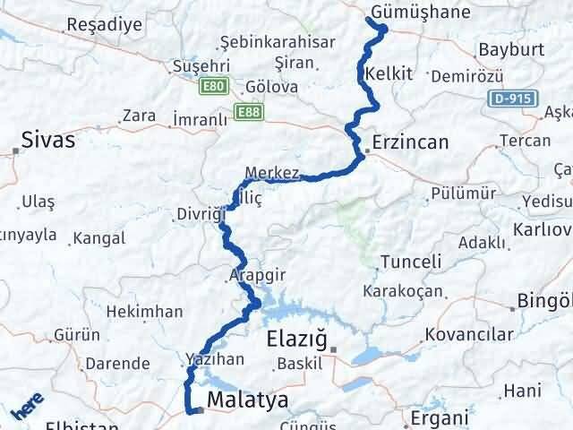 Malatya Battalgazi Gümüşhane Arası Kaç Km - Yol Haritası