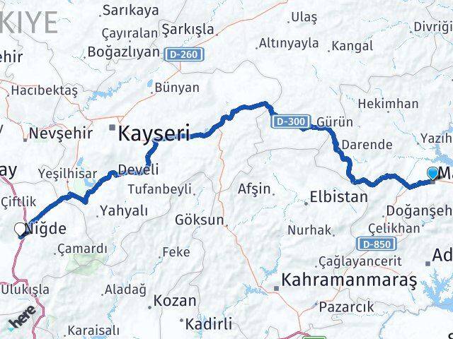 Malatya Battalgazi Niğde Arası Kaç Km - Yol Haritası