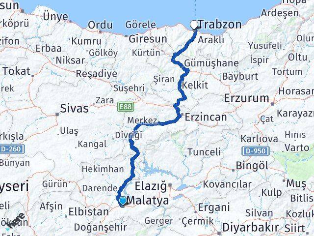 Malatya Battalgazi Trabzon Arası Kaç Km - Yol Haritası