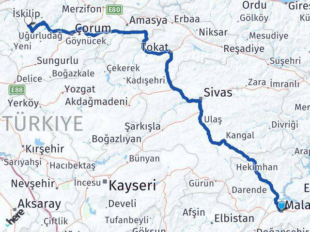 Malatya Bayat Çorum Arası Kaç Km - Yol Haritası
