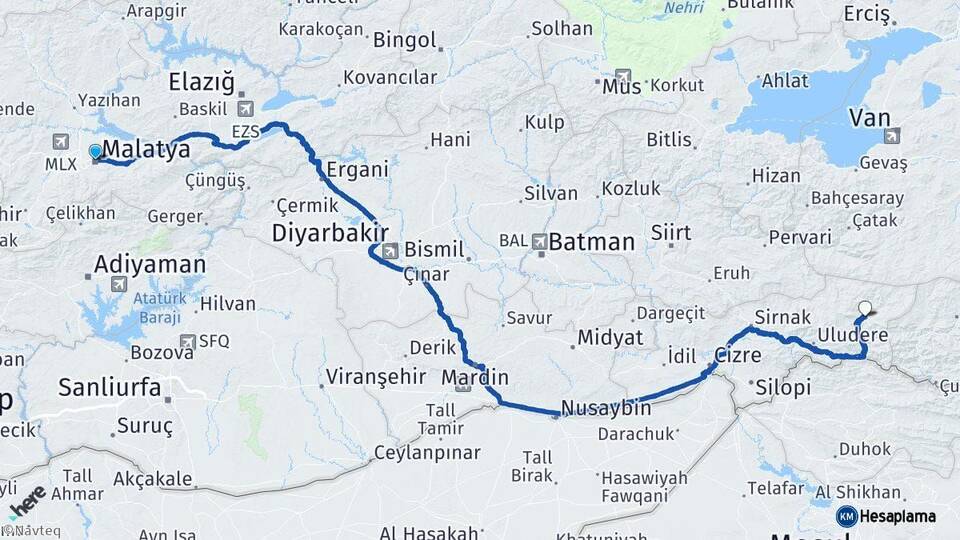 Malatya Beytüşşebap Şırnak Arası Kaç Km - Yol Haritası