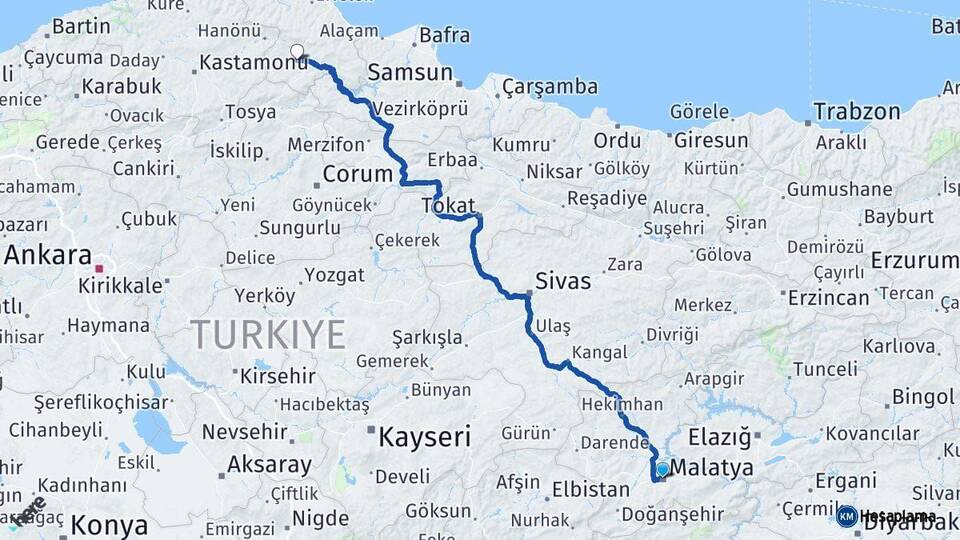 Malatya Boyabat Sinop Arası Kaç Km - Yol Haritası