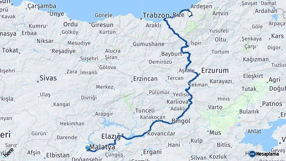 Malatya Çamlıhemşin Rize Arası Kaç Km - Yol Haritası