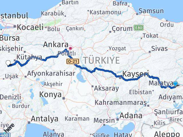 Malatya Çavdarhisar Kütahya Arası Kaç Km - Yol Haritası