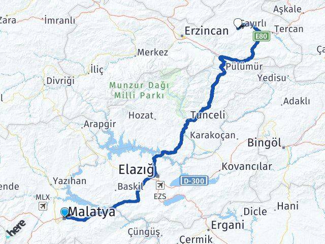 Malatya Çayırlı Erzincan Arası Kaç Km - Yol Haritası