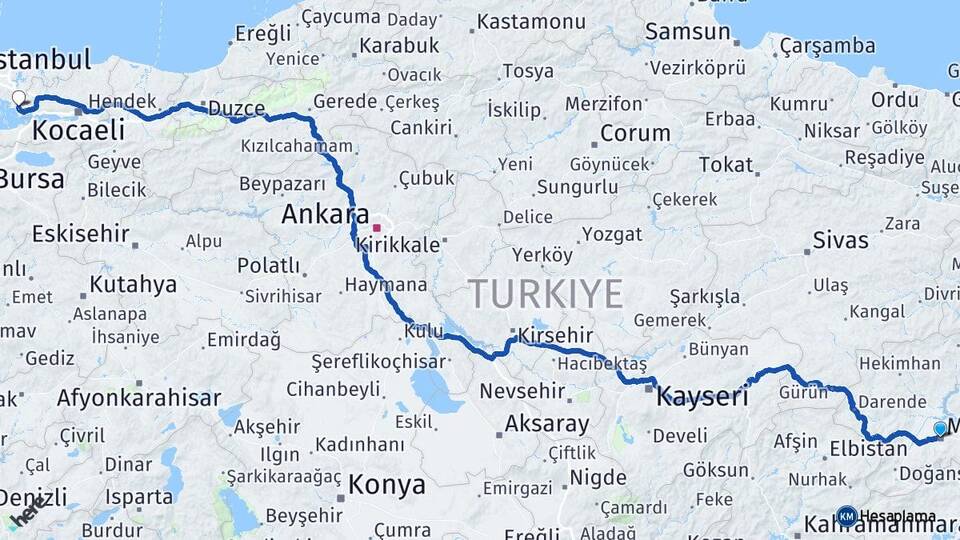Malatya Çayırova Kocaeli Arası Kaç Km - Yol Haritası