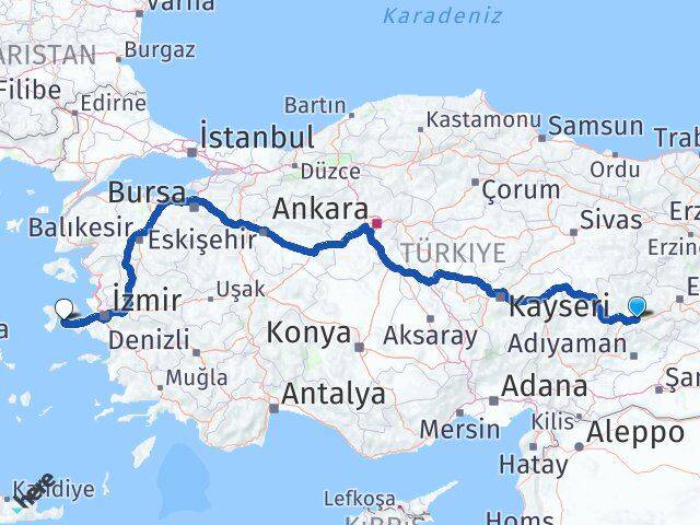 Malatya Çeşme İzmir Arası Kaç Km - Yol Haritası