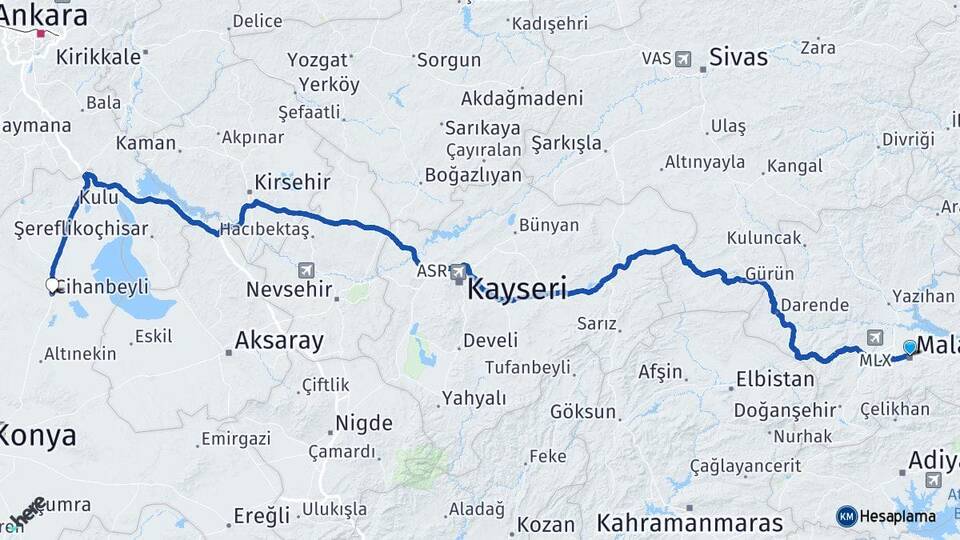 Malatya Cihanbeyli Konya Arası Kaç Km - Yol Haritası