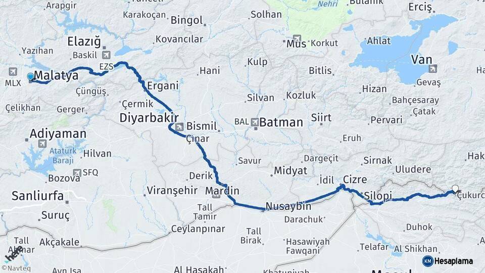 Malatya Çukurca Hakkari Arası Kaç Km - Yol Haritası