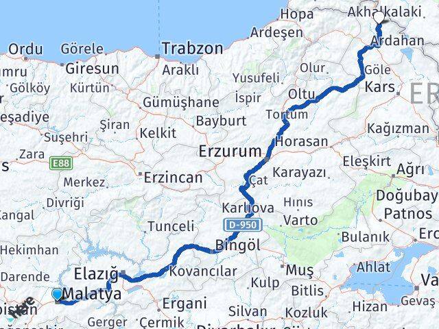 Malatya Damal Ardahan Arası Kaç Km - Yol Haritası